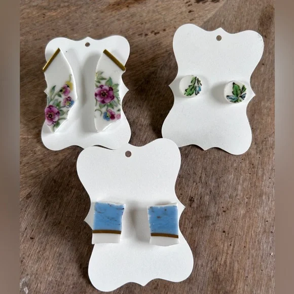 Handmade Broken China Earrings Fancy Aqua Blue Green Small Circle Beach Vintage - Picture 7 of 10